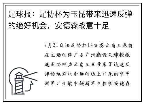 足球报：足协杯为玉昆带来迅速反弹的绝好机会，安德森战意十足